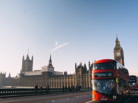 red double-decker bus passing Palace of Westminster, London during daytime